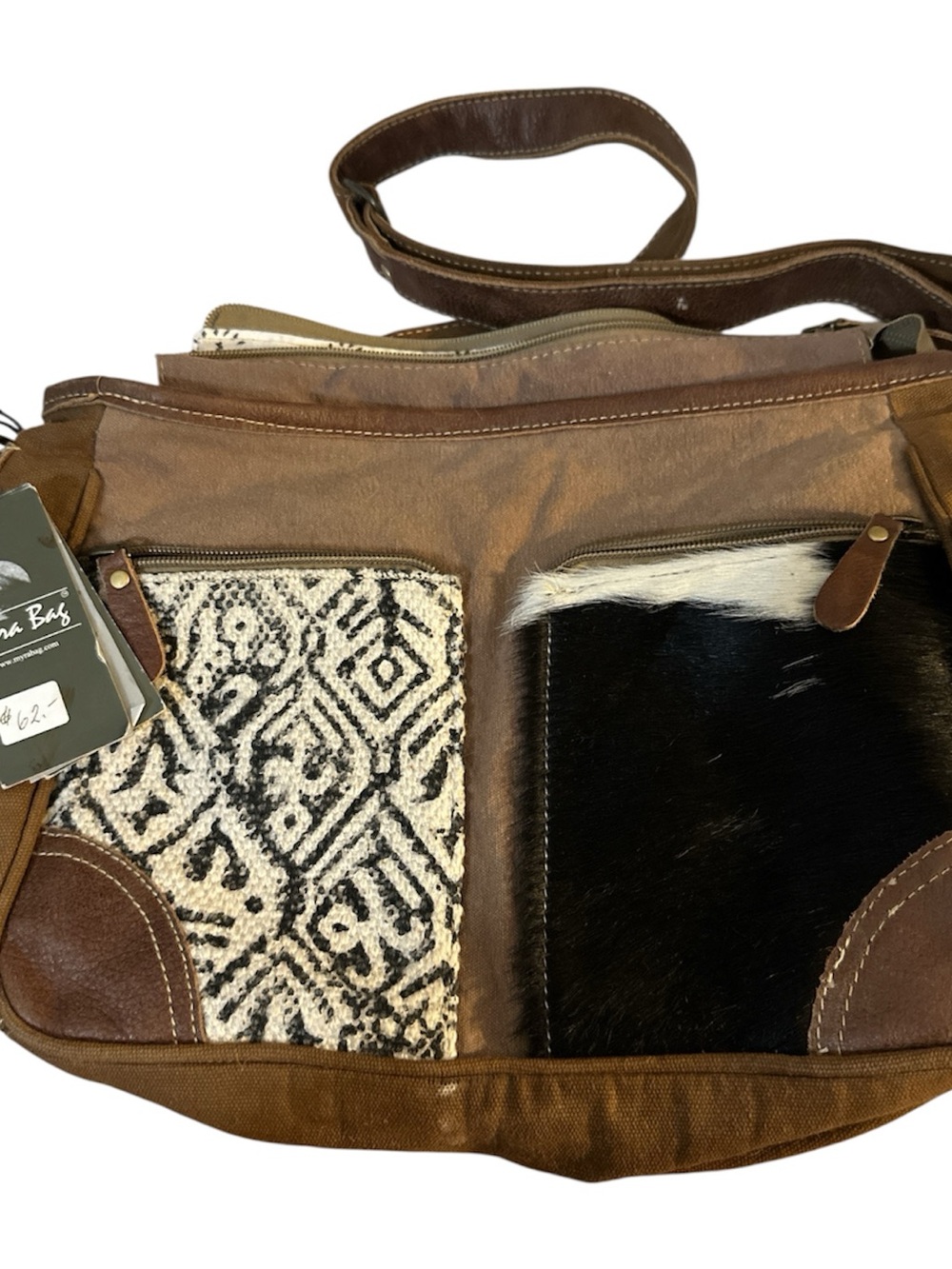 NWT Myra Two Tone Messenger Bag brown suede leather cow hide adj rem strap